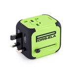 PORS-ELA International Travel Power Adapter with 2.4A Dual USB Charger & Worldwide AC Wall Outlet Plugs for UK, US, AU, Europe & Asia – Built-in Spare Fuse, Gift Pouch – Green