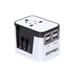Zoppen International Travel Adapter 4 USB Charging Port Smart Wall Charger, All-in-one Universal Plug (US/JP UK EU AU/CN) w/ Worldwide Outlets & AC Socket – Surge Protector, Black / White