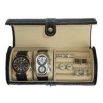 Black Carbon Fiber 2 Watch Roll Travel Case with Cufflink Ring Storage Watch Jewelry Organizer Collector