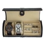 Black Carbon Fiber 2 Watch Roll Travel Case with Cufflink Ring Storage Watch Jewelry Organizer Collector