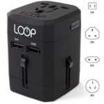 LOOP World Adapter Plug, Worldwide Travel Adapter Charger [US UK EU AU/CN] w/ Dual USB Charging Ports & Universal AC Socket – Safety Fused (Black)
