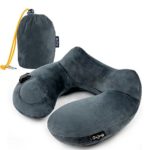 Push-Button Inflatable Daydreamer Neck Pillow with Airplane Travel Packsack and Luggage Clip – Gray