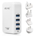 USB Charger aLLreLi Intelligent 4-Port Wall Charger with US UK EU AU International Travel Adapters – 6.8A/34W for Apple iPhone iPad, Samsung Galaxy, Smartphone, Tablet and More – White