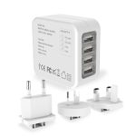 Travel Adapter MoMoCity Universal 4-Port Wall Charger with US UK EU Plugs – For Smart Phones,Tablets,Music Players,Cameras and More – White