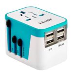International Travel Power Adapter, Smart Wall Charger with All-in-one Universal Plug (US/JP UK EU AU/CN), 2.4A 4 USB Charging Port and Worldwide AC Socket/Surge Protector (Blue)