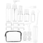 16 Pack Plastic Airline Travel Accessories Bottles Set – Holds Toiletries, Lotions, Liquids, Shampoos – Includes Spray Bottles, Pump Bottles, Squeeze Bottles, Jars, Insertion Tools & Travel Bag