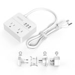 NTONPOWER Small Travel Power Strip 2 Outlets 3 USB Ports for Laptop Bedside Lamps Smartphone with Universal Adapter Set for US/EU/UK/AU and More – White