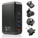 aLLreLi Quick Charge 3.0 USB Wall Charger 34W 8A QC + Type C + Two IC Port 4 Port Travel Charger w/ UK, EU, US, AU International Plug for iPhone, iPad, Samsung, Smartphone, Tablet, Power Bank and More