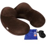 Travel Pillow, MLVOC Inflatable Neck Pillow Set for Airplanes, Cars, Buses, Trains, Home or Office, Soft Detachable Pillowcase, Ear Plugs+Travel Pillow+Eye Mask+Pouch, Khaki