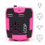LOOP World Travel Adapter, Worldwide [US UK EU AU/CN] Charger with 3000mAh Power Bank, Dual Smart Power USB Charging Ports & Universal AC Socket – Safety Fused (Pink)