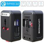 QC3.0 Fast Charger,Worldwide Travel Adapter, LOVPHONE Universal All in One Worldwide Travel Power Plug Wall AC Adapter Charger with Dual USB Charging Ports for US/EU/UK/AU, Black