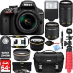 Nikon D3400 24.2 MP DSLR Camera + AF-P DX 18-55mm & 70-300mm NIKKOR Zoom Lens Kit + 64GB Memory Bundle + Nikon Photo Bag + Wide Angle Lens + 2x Telephoto Lens + Flash + Remote +Tripod+Filters (Black)