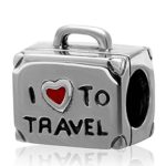I Love To Travel Charm 925 Sterling Silver Suitcase Charm with Red Enamel Heart Travel Luggage Charm for Bracelet