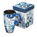 Shades of Indigo Flowers and Butterflies Ceramic Travel Coffee Mug 17oz