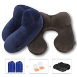 LIANSING Inflatable Airplane Travel Neck Support Pillow Cushion Set, Pack of 2, Includes Ear Plugs, Eye Mask and Drawstring Bag