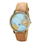 WILLTOO Global Travel By Plane Map Women Dress Watch Denim Fabric Band Coffee