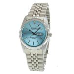 Swanson Japan Men’s Silver Day-Date Ice Blue Index Dial Watch with Travel Case