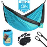Double Camping Hammock, LATTCURE Lightweight Portable Hammock Parachute Nylon Fabric & 600LB High Capacity with 2 Adjustable Hanging Straps for Camping Backpacking Travel Beach Yard(Blue+Grey)