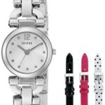 GUESS Women’s U0712L1 Feminine Silver-Tone Watch Set with Metal Bracelet and 3 Interchangeable Leather Straps Inside a Bonus Travel Case