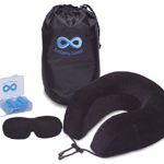 Everlasting Comfort 100% Pure Memory Foam Neck Pillow Airplane Travel Kit With Ultra Plush Velour Cover, Sleep Mask and Earplugs