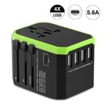 Travel Adapter,Worldwide All in One Universal Power Converters 5.6A 4 USB Type-C Wall Charger AC Plug Adapter for EU,UK,US,AU,Asia Covers 150+ Countries Cell Phone Laptop Hair Dryer (Black/Green)