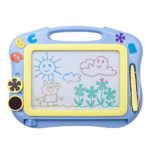 ikidsislands IKS85B [Travel Size] Color Magnetic Drawing Board for Kids & Toddlers – Non Toxic Mini Magna Sketch Doodle Educational Toy for Boys, with 1 Pen & 2 Stamps (Blue)