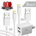 iPhone Charger – 2.4Amp 2-Port AC USB Wall Charging Home Travel Plug Brick Power Adapter with two 3FT 6FT Long Lightning Data Sync Cable For iPhone X 8/7/6 Plus SE/5S/4S,iPad, iPod And More – White