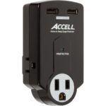 Accell 3-Outlet Travel Surge Protector with 2x USB Charging Ports and Folding Plug – Black – 612 Joules, 2.1A USB Output, ETL Listed