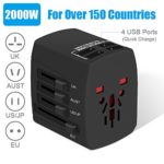 Travel Adapter, 2000W International Power Adapter, All in One Universal Power Adapter with 4 Quick Charge USB 3.0 Ports, for UK, EU, AU, US, Over 150 Countries