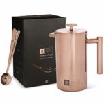 Copper French Press Coffee Maker, Measuring Spoon and Clip – Portable, Manual Coffee Makers – Double-wall, Stainless Steel Pot and Brewer, Great For Travel and Outdoors, Rose Gold, 34 oz