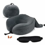 ZAMAT Breathable & Comfortable Memory Foam Travel Neck Pillow, U-Shaped Adjustable Airplane Car Flight Pillow, 360-Degree Head Support, Spandex Case Cover | Travel Kit with Earbuds & Eye Mask, Gray