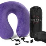 AERIS Memory Foam Travel Neck Pillow with Sleep Mask,Earplugs,Carry Bag,Adjustable Toggles,Machine Washable Velour Cover,Purple
