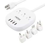 Travel Power Strip, PRITEK Portable 3 Outlet Surge Protector Power Strip with 4 USB Port + International Travel Plug Adapters (US to UK/AU/EU/IT) 6.0ft Extension Cord for Home & Travel [UL LISTED]