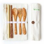 Coconut Travel Cutlery Set Wooden Utensils Reusable Organic Flatware Set | Knife, Fork, Spoon, Chopstick, Straws and Cleaning Brush with Portable Pouch Gift for Camping Office Lunch NATURALNEO