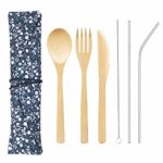 Bamboo Cutlery Set with 8.5 inch Stainless Steel Metal Straw and Cleaner，7.8 inch Bamboo Utensils for Travel and Camping，Portable with Case To Go