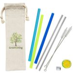 Reusable Summer Juice Travel Drinking Straw – 3 Straight Silicone Straws + 2 Stainless Steel Metal Straws with 2 cleaning brush Dishwasher straw (Deep blue, light bule, light Green)