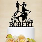 Personalized travelling Bride and Groom Cake Topper,Mr & Mrs with Last Name Cake Topper,Travel themed Wedding Cake Topper