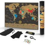 Scratch Off World Map Poster- Detailed Black & Gold Brown Travel Tracker Deluxe Edition Traveler Gift Set – Wall Art with Flags, Magnified Caribbean View & United States Outlined by Grynn(TM)