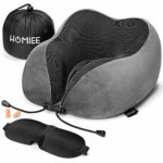 HOMIEE Travel Pillow, Memory Foam Neck Pillow, 360° Head & Neck Support Travel Cushion Essentials, Including Sleep Mask, Earplugs, Ideal for Sleeping, Travelling, Airplanes and Flights