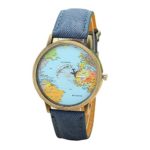 Unisex Retro Bronze Case Global Travel By Plane World Map PU Leather Band Quartz Watch