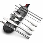 Devico Portable utensils, Travel Camping Cutlery set, 8-Piece including Knife Fork Spoon Chopsticks Cleaning brush Straws Portable bag, Stainless steel Flatware set