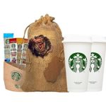 Starbucks Travel Coffee Reusable Recyclable Cups With Lids, Sleeves, Via Instant Coffee Sampler Gift Set Bundle With Burlap Bag, Rustic Gifts For Mom, Coffee Lovers, Birthdays, Anniversaries.