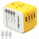 Higboson Universal Travel Adapter High Speed 4 USB 3.4A Charging Ports Worldwide AC Wall Outlet Power Plug International Charger Compatible for UK AU US Europe Asia 3 Short Cables Included (Yellow)