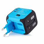 Travel Adapter, International Power Adapter with 2.4A Dual USB Wall Charger, Universal Outlet Plug for European, UK, US, AU – Built-in Spare Fuse, Gift Pouch Included – Blue