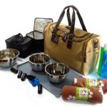 Dog Travel Bag for 2 Dogs, Canvas Duffel, Stainless Steel Bowls, 2 Food and Large Water Bowl, Place Matt, 2 Food Bags, Poop Bags and Dispenser, 2 Blankets, and 2 Collapsible Water Bottles