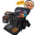 Dog Travel Bag – Week Away Tote for Med and Large Dogs – Includes Bag, 2 Lined Food Carriers, Placemat, and 2 Collapsible Bowls (Black)
