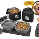 Dog Travel Food Set For Medium + Large Dogs (Black) – 7 Pieces Including Collapsible Bowls, Carriers, Scooper, Place Mat, Bag