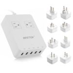 BESTEK International USB Travel Power Strip with 8 Conversion Plugs,5-Port 8A/40W USB Charging Station with 2-Outlet Surge Protector-White