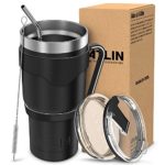Atlin Tumbler [30 oz. Double Wall Stainless Steel Vacuum Insulation] – Black Travel Mug [Crystal Clear Lid] Water Coffee Cup [Straw + Handle Included]For Home, Office, School, Ice Drink, Hot Beverage