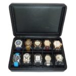 10 Watch Briefcase Black Carbon Fiber Zippered Travel Storage Case 50MM Men”s Gift
